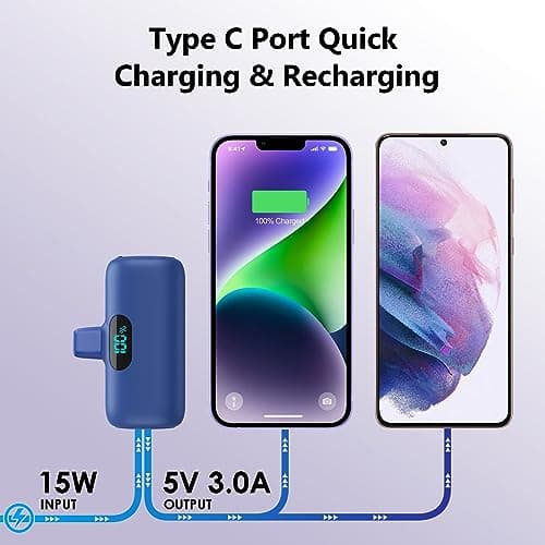 5000mAh Mini Power Bank for iPhone, Upgraded 15W PD Fast Charging Portable Charger, LCD Display 3.0A Small Battery Pack Compatible with iPhone 14/14 Pro Max/13/13 Pro Max/12/11/XR/X/8/7/6 etc-Blue — view 4