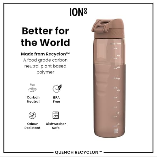 Ion8 1 Litre Water Bottle, Leak Proof, Flip Lid, Carry Handle, Rapid Hydration, Dishwasher Safe, BPA Free, Contoured Grip, Ideal for Travel, Gym & Activity, Recyclon, 32oz, Half Cut Mocha Mousse — view 5