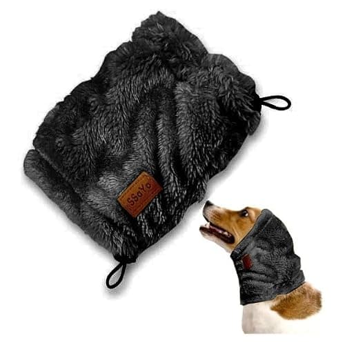 SSaYo Dog Ear Muffs Noise Protection - Soft Calming Hood for Anxiety Relief, Fireworks, Thunder, Grooming & Vet Visits - Elastic Band & Comfortable Neck Warmer for Travel (Black, Large)