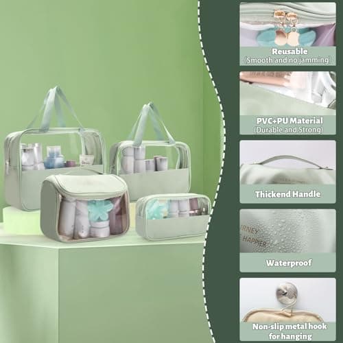 LELEWANGLUO Transparent Travel Toiletry Bag, 4 PCS Portable Waterproof PVC+PU Makeup Bag with Zippers, Green — view 3