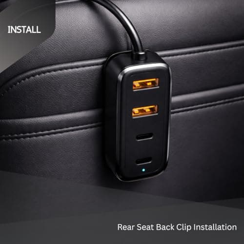 WYE 108W Back Seat Car Charger Hub with Clip, 6-Port Fast Charging Station with Carbon Fiber Finish for iPhone 16 15 14 Pro Max, iPad, Passenger Multi-Device Charger - Black — view 3