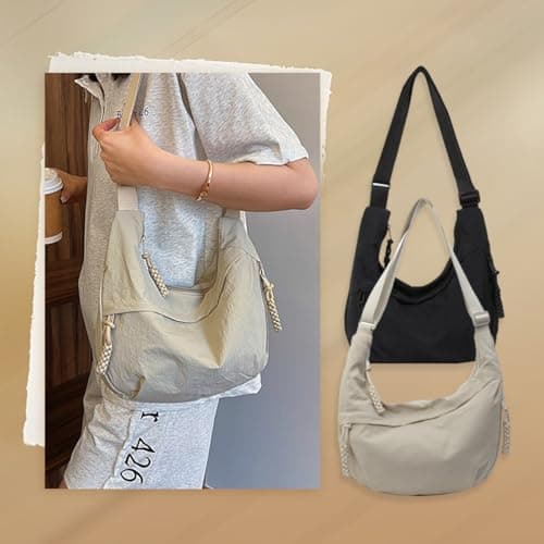 EHOTER Crescent Bag for Women Half Moon Bags Nylon Dumpling Sling Crossbody Bags for Travel Multi Pockets Crescent Cross Body Bag for School Travel Shopping Work (Beige) — view 4