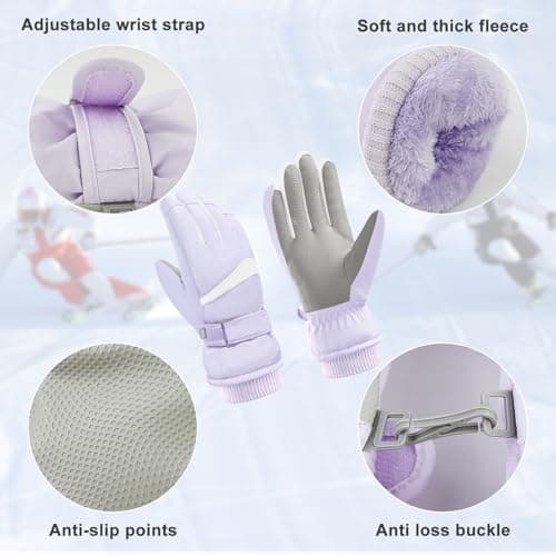 Andiker Women Waterproof Ski Gloves, Winter Touchscreen Thermal Gloves with Fleece, Windproof Snowboard Glove for Skiing Running and Cycling (Purple-white) — view 2
