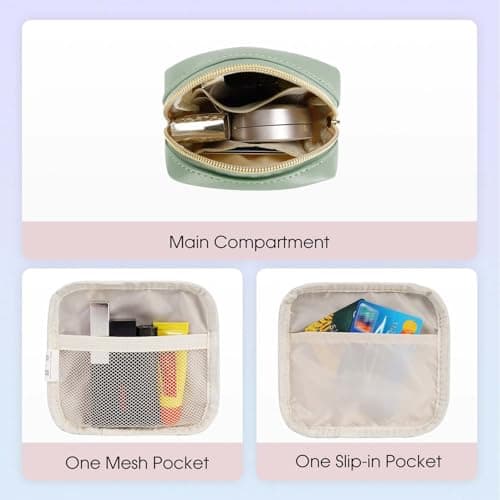 Wandering Nature Small Makeup Bag for Purse Zipper Cosmetic Bag for Women Pouch Travel Eco Vegan Leather Make Up Organizer for Toiletry Bag Water Resistant Gift Idea, Black, Green, Mini, Makeup Bag — view 2