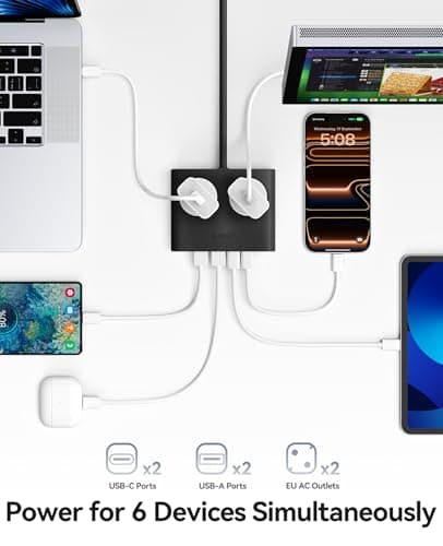 ORICO Flat Extension Lead with USB Slots, 2 Way Socket Outlets with 4 USB Ports(2 USB C & 2 USB A), 1.6m Extension Cord, Desk Power Strip for Travel, Office, Home (Black) — view 2