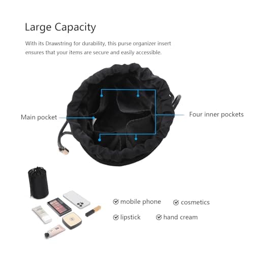 YONBEN Tall Purse Organizer Insert Womens nylon Round Handbag Organizer Storage,Handbag Purse Organizer Round Cosmetic Pouch Bag Bucket Makeup Bag (XS, Nylon-Black) — view 4
