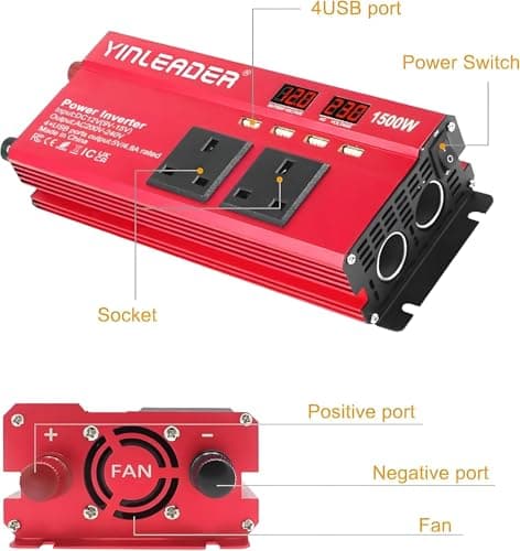 Yinleader Power Inverter 12V to 240V 1500W Peak 500W Continuous, 2 AC Sockets & 2 Cigarette Lighter Sockets, 4 USB Ports Car Converter — view 4