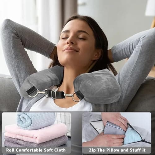HOPNKN Stuffable Neck Pillow for Travel, Travel Pillow Stuffable with Clothes, Travel Neck Pillows With Adjustable Straps for Essentials Extra Luggage(Grey) — view 4
