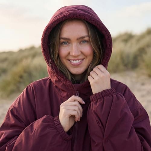 OHS Changing Robe Women's Jackets, Oversized Waterproof Jacket Fleece Lining Rain Coats for Women Drying Robe with Hood & Pockets Lightweight Ladies Jackets for Outdoor Travel, Burgundy - S/M — view 3