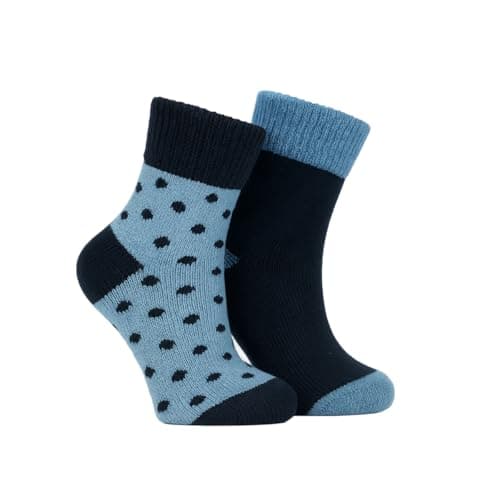 Women's Thermal Socks 2 Pack Thick Warm Boot Socks with Soft Cushioned Knit Cosy Winter Ankle Socks in Polka Dot & Plain Design (Blue)
