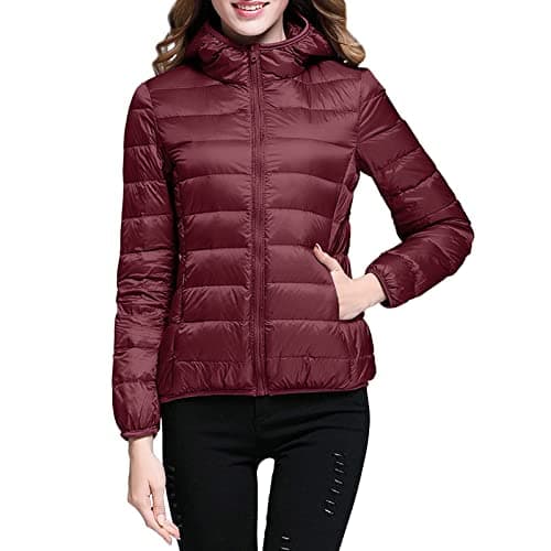 Womens Winter Lightweight Puffer Jacket with Hood Warm Short Packable Women Quilted Jacket Transitional Padded Down Jacket for Ladies Lined for Hiking Travel Plus Size Thin Jacket Down Wine — view 2