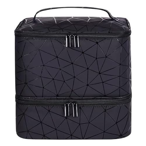 BYLife Black Large Makeup Bag, Nail Polish Organiser - Holds 30 Bottles Double-Layer Travel Storage Bags Waterproof PU Cosmetic Bag with Adjustable Dividers for Manicure Tools Storage
