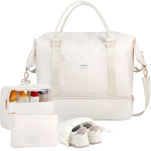 Voova Weekend Overnight Bag for Women, Large Travel Duffle Bag with Shoes Compartment, Carry On Tote Bag with Toiletry 、Cosmetic 、Shoes Bag 4 Pack Set for Ladies Gym, Hospital, Yoga, Beige