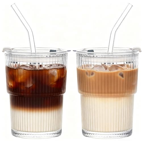 Tel Charme * 2 Pack 400ml Glass Tumbler with Lid & Straw Iced