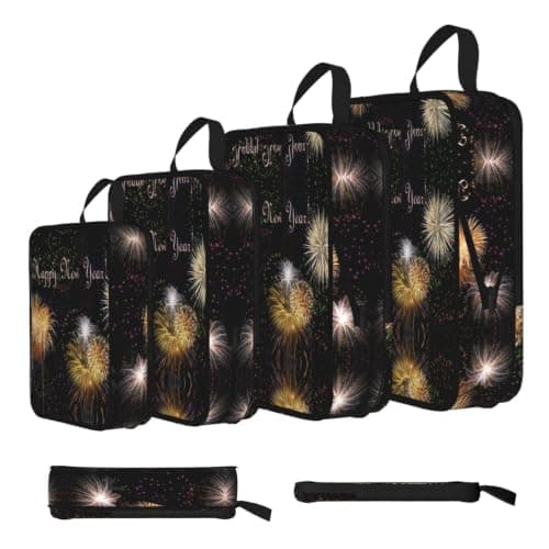Happy New Year Print Compression Packing Cubes 4-Piece Set With Multi- Compartment Travel Bag, Waterproof Suitcase Organiser Bags