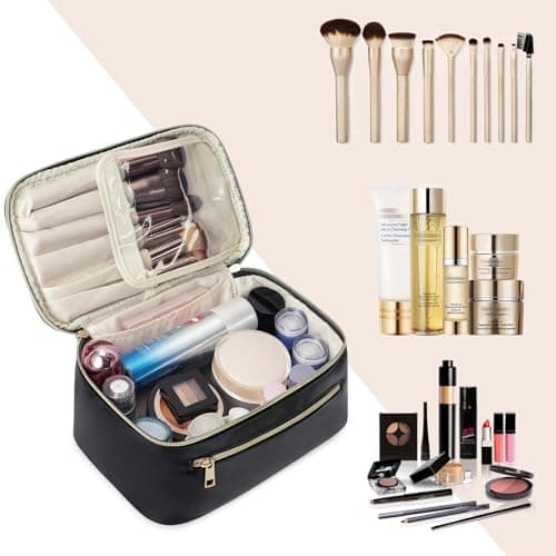 Travel Makeup Bag with Brush Compartment, Large Cosmetic Bags, PU Leather Makeup Case with Handle, Water-Resistant for Women, Black (Patent Pending) — view 6