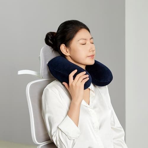 Amazon Basics Memory Foam Travel Neck Pillow with Removable Cover and Elastic Carrying Strap, Navy Blue, Semicircular — view 6