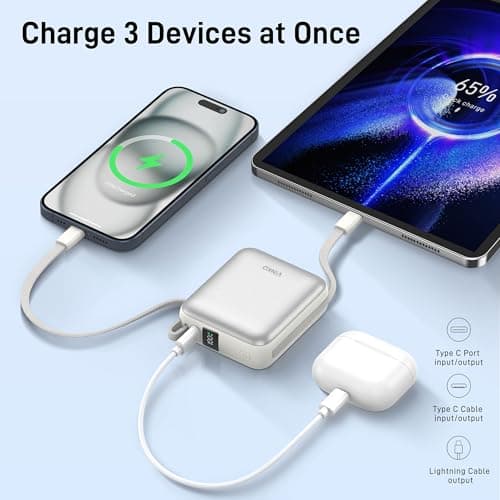 VINKO Small Power Bank with Built-in Cable,10000mAh Fast Charging Power Bank, 22.5W USB C Portable Charger, Mini Battery Pack for iPhone 16 15 14 13 Samsung Galaxy Google Android (White) — view 3