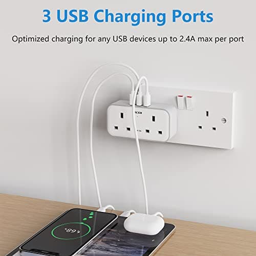 Plug Adapter with 3 USB, Mscien Double Plug Adaptor, Multi Plug Extension, Dual 2 Pin Socket at The Bottom, 13A UK Surge Protected Multiplug Extender, Wall Charger Power Socket for Home Kitchen Office — view 3