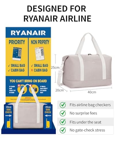 ECOHUB Ryanair Cabin Bags 40x30x20, 24L Underseat Hand Luggage Bag, Foldable Carry On Bag with Removable Wet Pocket, Water-Resistant Overnight Hospital Weekend Bag for Women, Beige (Patent Pending) — view 2