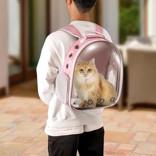 LN COZY CORNER Transparent Bubble Cat Backpack –Space Capsule Pet Carrier Backpack with Hard‑Shell Dome, Breathable Mesh & Padded Straps – Hands‑Free Travel Cat Bag Carrier (Pink) — view 4