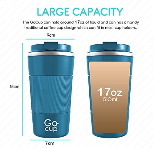 GoCup Travel Mug, Insulated Reusable Coffee Cup with Spill Proof Lid, 510ml, UK Brand, Stainless Steel, Large Size, Keep Drinks Hot and Cold, 18oz, Teal with Grip — view 3
