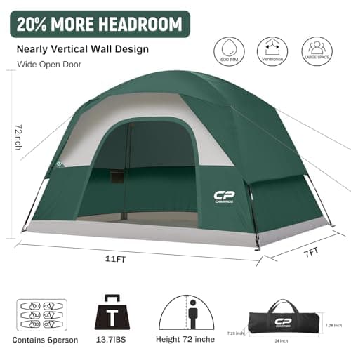 CAMPROS CP Large Family Tent for 6 People, Spacious Waterproof Camping Tent with 182 cm Standing Height, Easy Setup Dome Tent with Separate Living Space & Mesh Ventilation for Family Camping Holidays — view 2