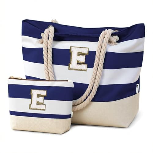 Vavabox Initial Beach Bag with Zip&Pockets, Personalised Gifts for Women(E)