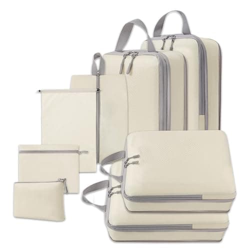 White Hawk 8-Pcs Compression Packing Cubes for Suitcases – Waterproof Diamond Polyester, No Mesh, Space-Saving Luggage Organiser, Travel Bags for Suitcases, Backpacks & Carry-Ons (Beige)
