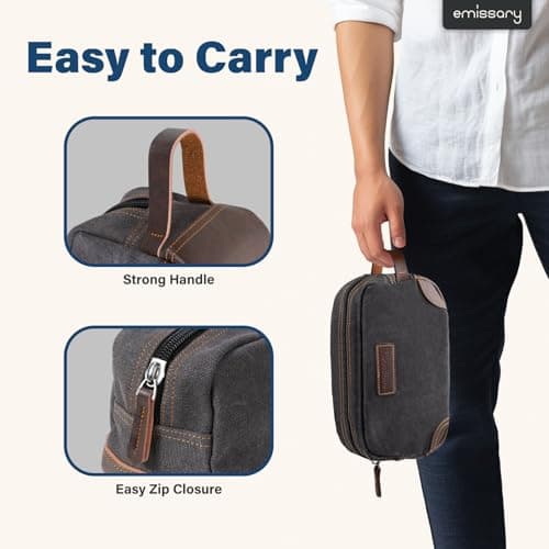Emissary Men's Toiletry Bag Leather and Canvas Travel Toiletry Bag Dopp Kit for Men Shaving Bag for Travel Accessories, Gray, L — view 3