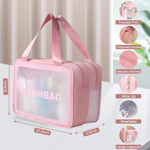 Large Clear Wash Bag, Dry Wet Segregation Toiletry Bag with Hollow Mesh Portable Makeup Bag PVC Waterproof Cosmetic Bag Travel Toiletries Bags for Women Men (Large-Pink) — view 5