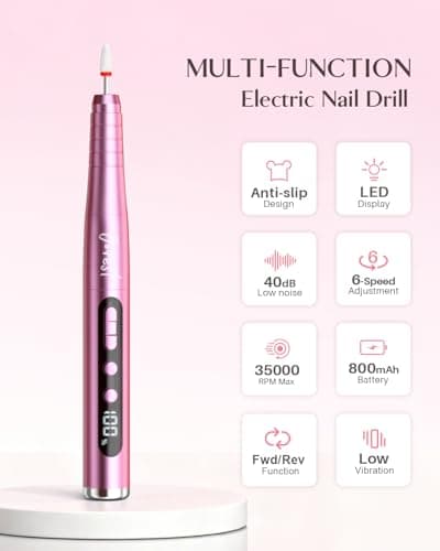 JOREST Cordless Electric Nail Drill, 13-in-1 Nail File Kit with LED Display, 35,000 RPM 6-Speed Rechargeable Manicure Tool for Acrylic Gel Nails, with Bits & Sanding Bands for Beginners, Rose Pink — view 2