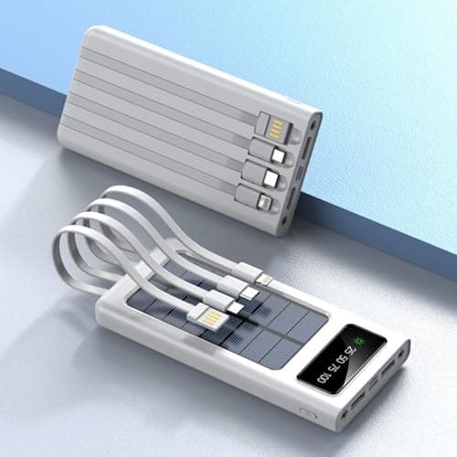 Solar Power Bank, with Built-in Cables, LCD Display, 5-Device Charging, Black/White (White, Milliamp Hours, 30000.0) — view 6