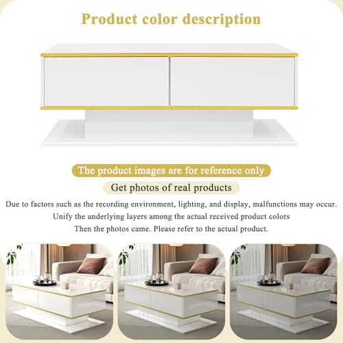 BTM Modern LED Coffee Table with High-Gloss Finish, 100 cm Length, Gold Accents, 3 Drawers & USB LED Light Strip (Adapter/Power Bank Required), White — view 6