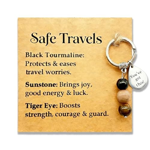 AIKOBAA Safe Travels Crystal Gift Set, Travel Protection Keychain with Blessing Card, Good Luck Journey Present with Protective Stones, Bon Voyage Gift for Travelers