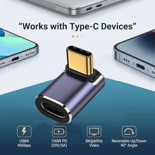 Nebulixq 2-Pack USB C Right Angle Adapter, 90 Degree USB C Male to Female Connector, Low-Profile Extension for Tablets & Smartphones, Plug-and-Play Stainless Steel — view 6