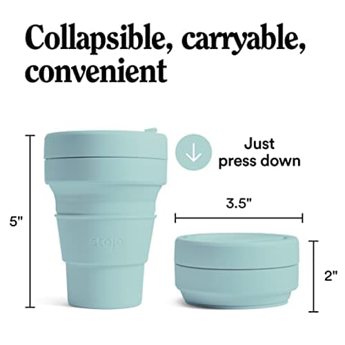 STOJO On-The-Go Collapsible Coffee Cup - 12oz / 355ml - Reusable & Foldable Silicone Travel Mug with Lid - Portable, Pocket Size - Dishwasher Safe - Aquamarine — view 5