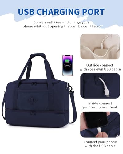 WANDF EasyJet Cabin Bag 45x36x20 - Underseat Travel Duffel with Shoe Compartment, USB Charging Port & Wet Pocket, Carry On Luggage for Overnight Weekend Gym for Women Men(Blue) — view 6
