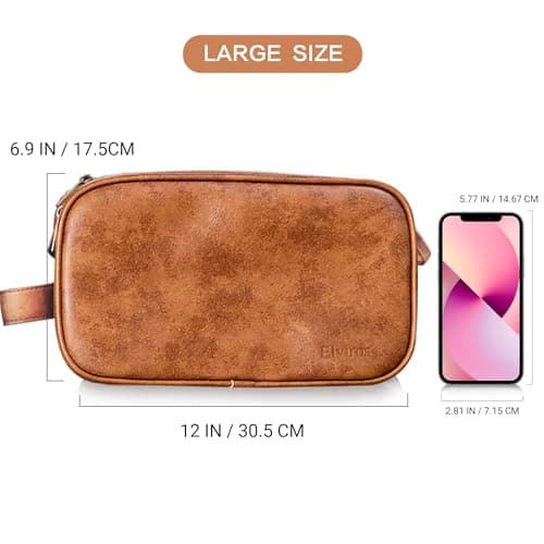 Elviros Travel Toiletry Bag Gift for Men，Mens Toiletries Bag Gifts Set Shaving Dopp Kit Water-Resistant Bathroom Toiletries Organizer PU Leather Cosmetic Bags 2 Piece Brown — view 5