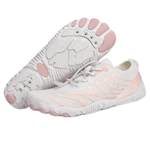 Shephorion Barefoot Water Shoes for Women Men, Quick Dry Aqua Beach Shoes with Wide Toe Box, Non-Slip for Swim Surf Diving Hiking Gym,White/Orange, 8 UK