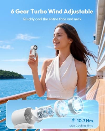 gaiatop Portable Handheld Mini Fan, 6 Speeds 16900 RPM High Velocity Personal Summer Essential with LED Display, USB Rechargeable, with Lanyard for Makeup, Travel, Outdoor, Gift for Women Girl, White — view 2