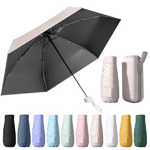 WoRuyKot Mini Travel Umbrella, 6 Ribs Mini Umbrella, UV Foldable with Capsule Box, Travel Waterproof and Windproof for Men and Women (Beige)