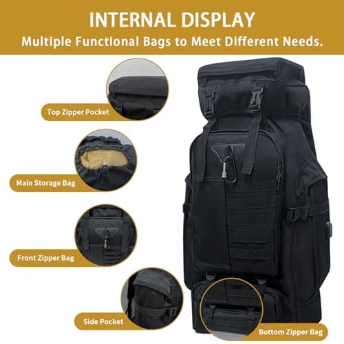 Vaupan 80L Camping Hiking Backpack, Large Military Tactical Backpack with USB Charging Port, Waterproof Travel Daypack With Carabiner Outdoor MOLLE Rucksack for Men Women (Black-Biner) — view 6