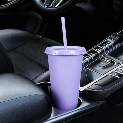Yisituo 710ml Reusable Plastic Cups, 10 Pack Cold Cups with Lid and Straw, Tumblers Travel Mugs for Adults and Madam Party and Beach, Pool Gatherings (10, Light Purple) — view 3