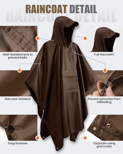 Evolpor Waterproof Poncho Adult,Poncho Waterproof Adult Lightweight Reusable Rain Poncho Adult Waterproof,Waterproof Raincoat for Outdoor Camping Hiking Traveling Cycling (Brown) — view 5