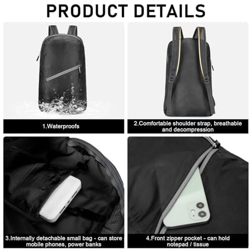 Risipu 2 Pack Foldable Backpack Mens Women, Lightweight Packable Rucksack, 20L Water Resistant Daypack for Outdoor Sport Trip, Hiking, Commuting (2, Black, Dark Blue) — view 4
