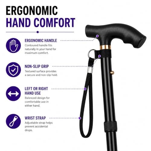 Folding Walking Stick for Men & Women, Adjustable Height Ergonomic T Handle with Wrist Strap, Lightweight Portable Mobility-Aid, Aluminium Walking Cane for Travel, Elderly & Daily Use (BLACK) — view 6