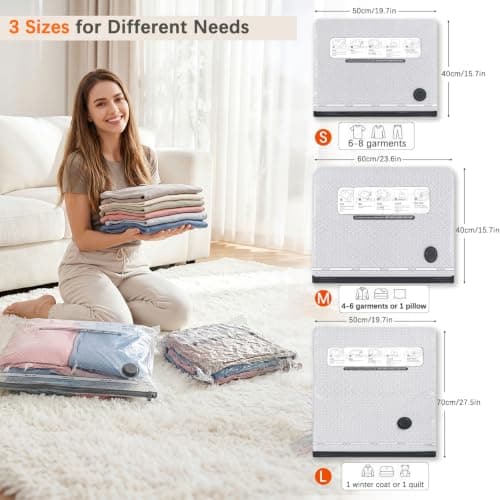Vacuum Bags for Clothes with 60000Pa Electric Pump, Pack of 18 (6 x 40 x 50 cm, 6 x 40 x 60 cm, 6 x 50 x 70 cm), Extra Thick Vacuum Bags Travel Suitcase Hand Luggage Space Saver Bags Moving Wardrobe — view 5