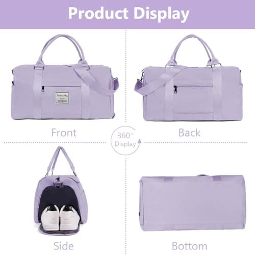 Flintronic Gym Bag, Foldable Travel Duffel Bag for Women, Waterproof Overnight Carry On Bag, Sports Bag with Shoes Compartment and Wet Pocket, Large Holdall Bag for Sports and Travel, Light Purple — view 4