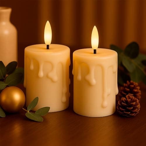 Ideen mit Herz Real Wax Coated LED Candles | Pack of 2 | Cream | Christmas | Warm White | Realistic Flame Effect | Timer Function | Battery Operated (with Wax Drops)